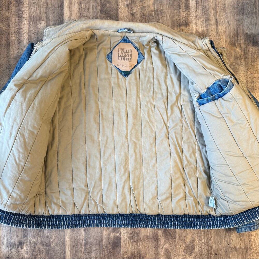 VTG 90s Denim Bomber Jacket 100% Cotton Heavyweight Utility Y2K Jean Unisex XL - Picture 6 of 12